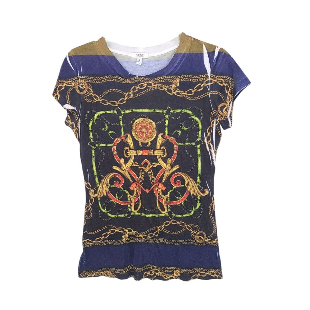 Cache Top Womens Small Y2K Rhinestone Short Sleeve Shirt Baroque Vintage Sexy